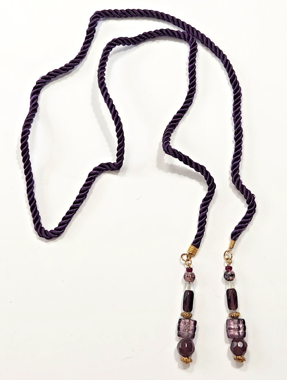 Vtg Lariat Necklace Purple Twisted Cord & Glass Bead Dangle Ends Victorian Goth